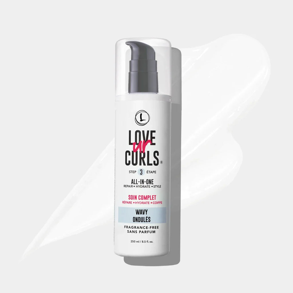 Bottle of Love Uap Curls hair product on a white background