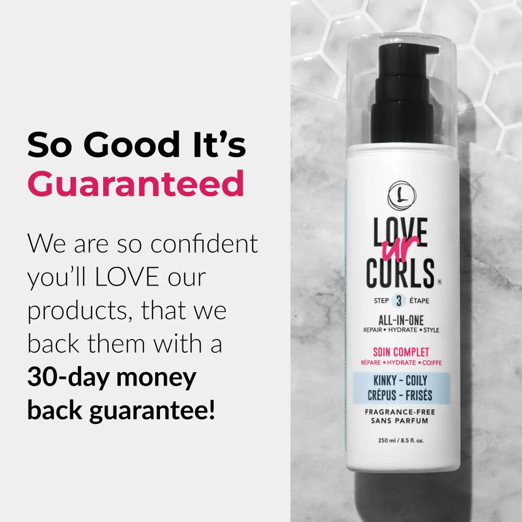 Love Your Curls product bottle with promotional text on a marble background