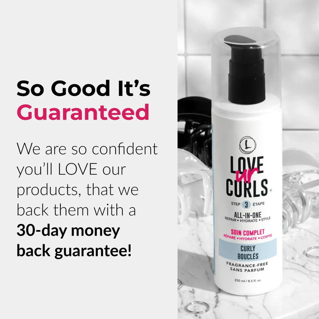 Bottle of 'Love ur Curls' hair care product with promotional text on a white background
