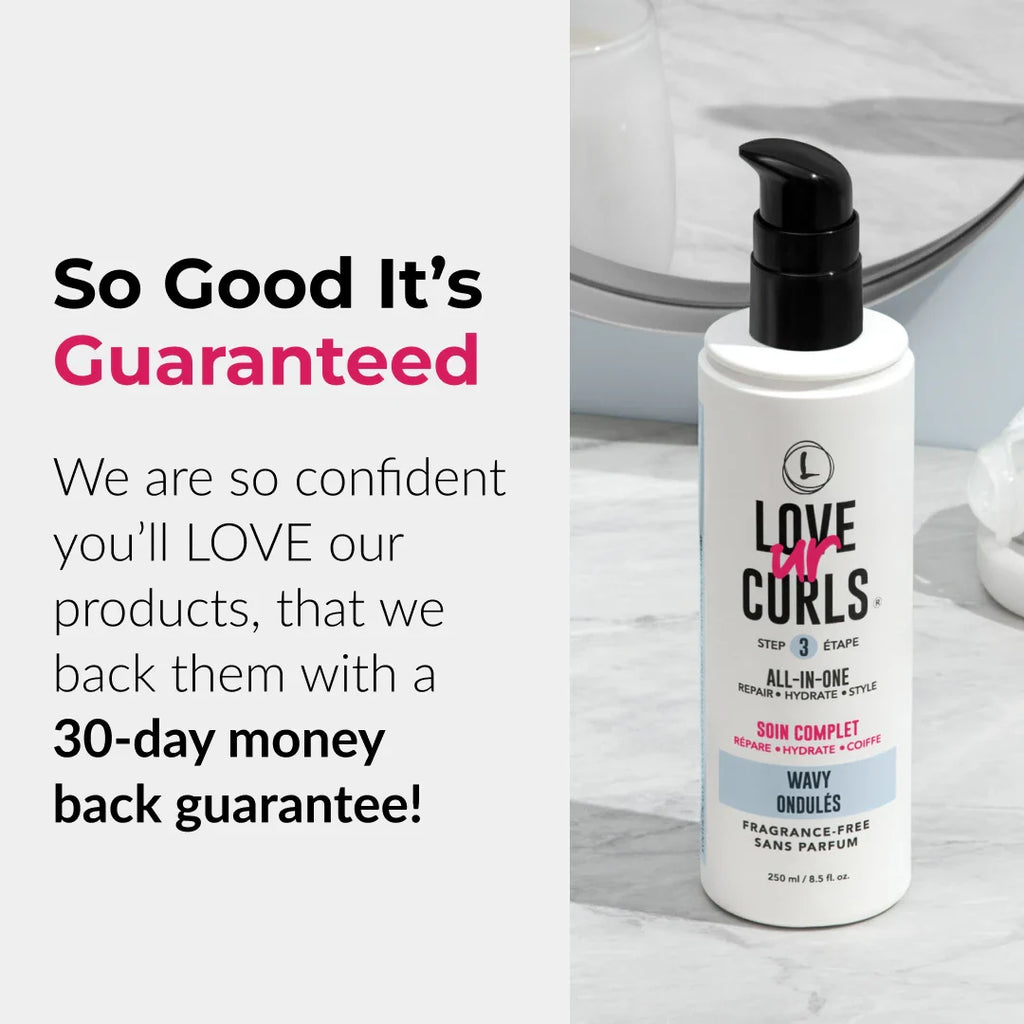 Bottle of Love Ur Curls hair care product with promotional text on a white background