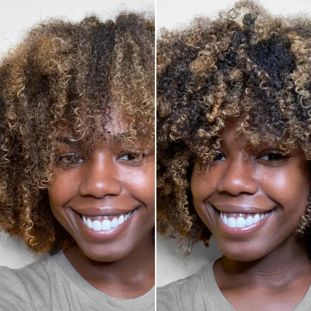 Side-by-side comparison of a woman with curly hair against a neutral background