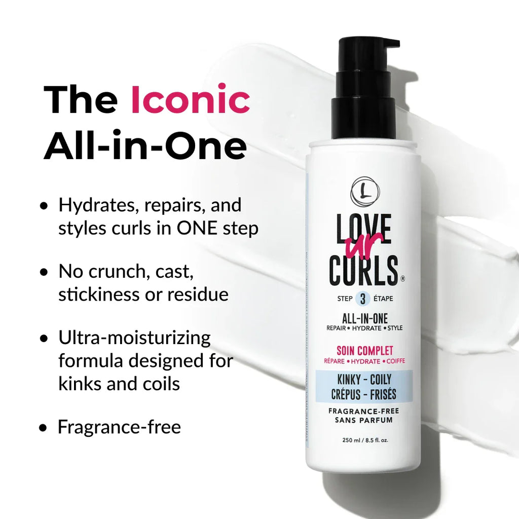 Love Ur Curls hair care product with text highlighting its features on a white background
