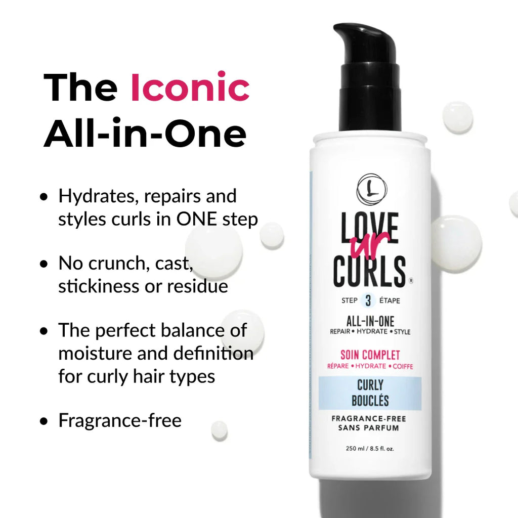 Love Ur Curls hair care product with text highlighting its features on a white background