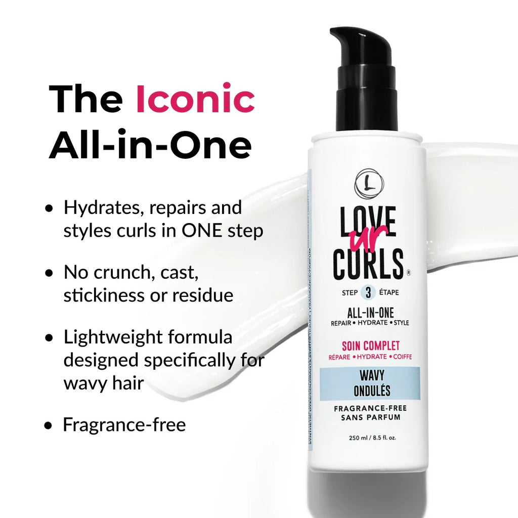 Love Ur Curls hair care product with text highlighting features on a white background