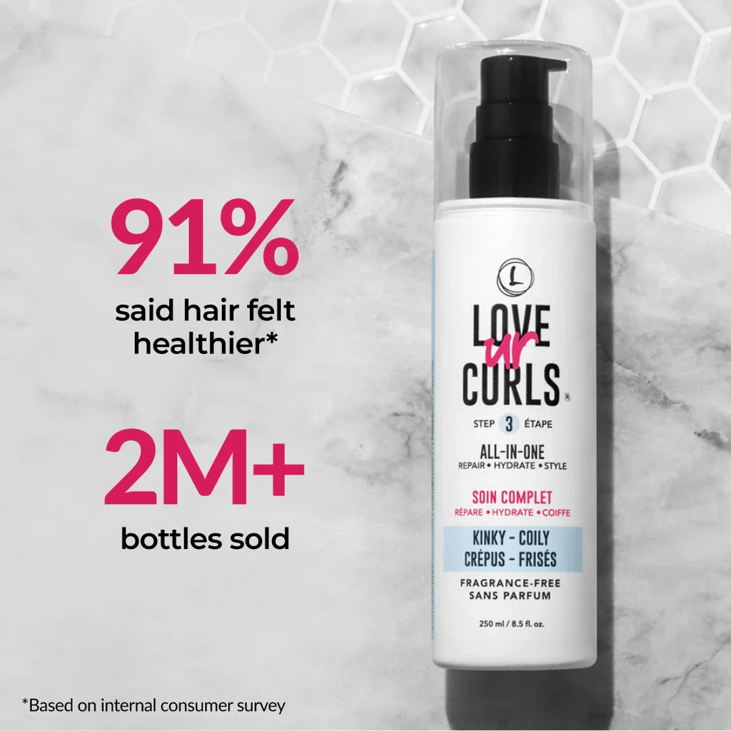Love Ur Curls hair care product with sales and user feedback statistics on a marble background