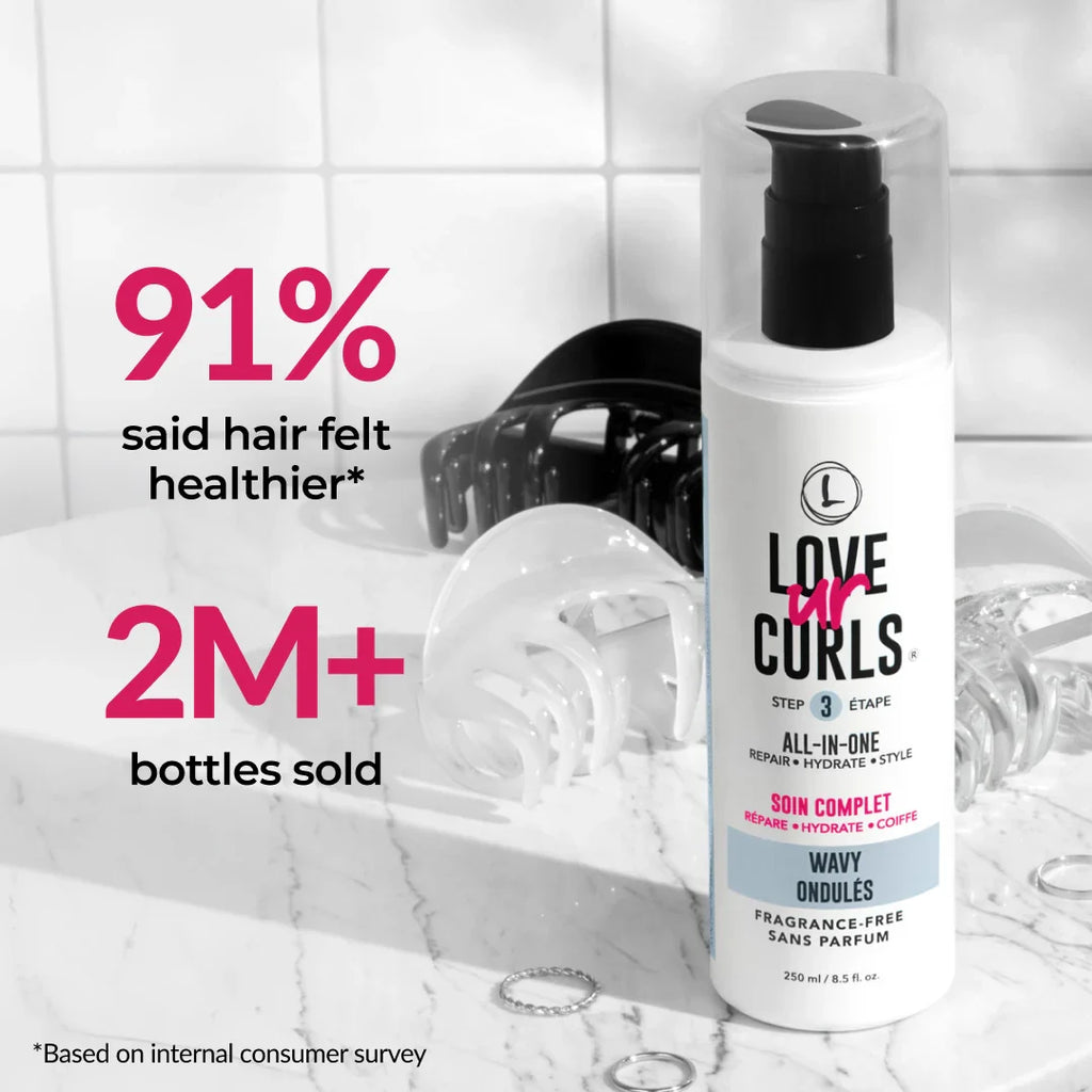 Love ur Curls hair care product with text highlighting customer satisfaction and sales figures.