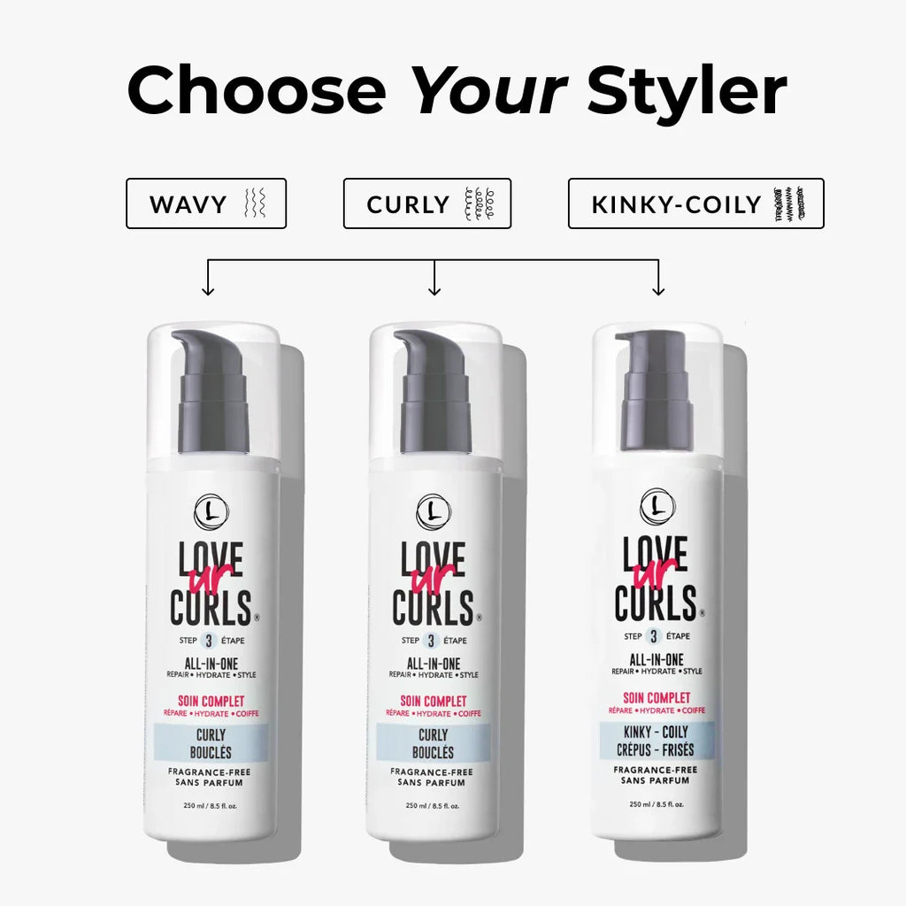 Three bottles of 'Love ur Curls' hair care products with labels for different hair types on a white background.